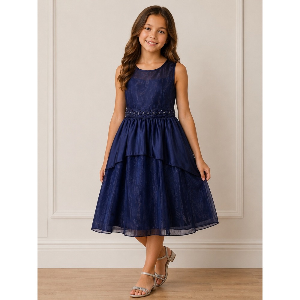 Girls Navy Formal Dress Sz 10 Rhinestone Party Wedding Holiday Special Occasion